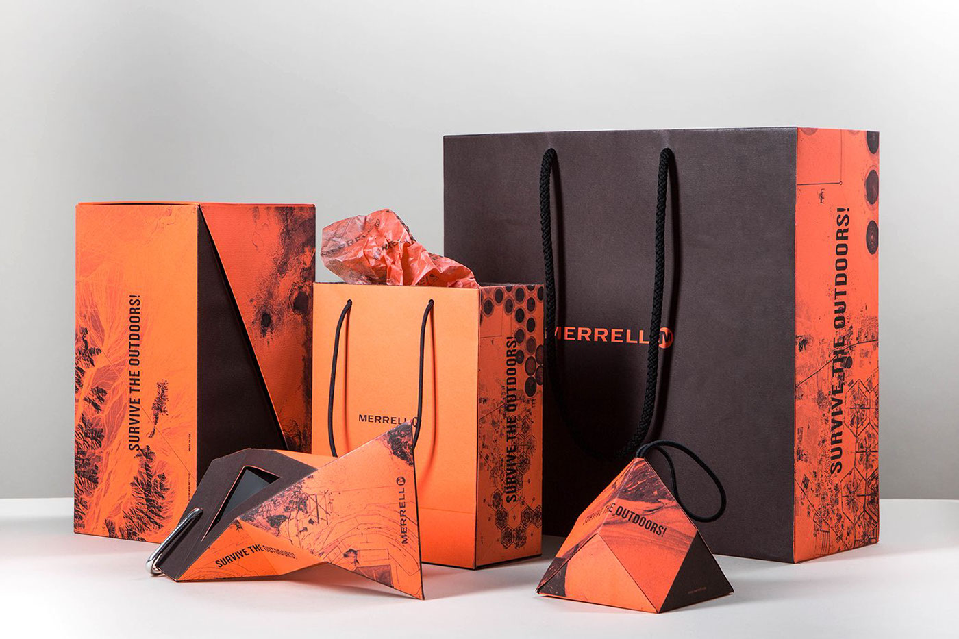 merrell geometry tshirt packaging pyramid raw Outdoor adventure Shoe packaging shoebox orange rough In-store Packaging topographic maps textures