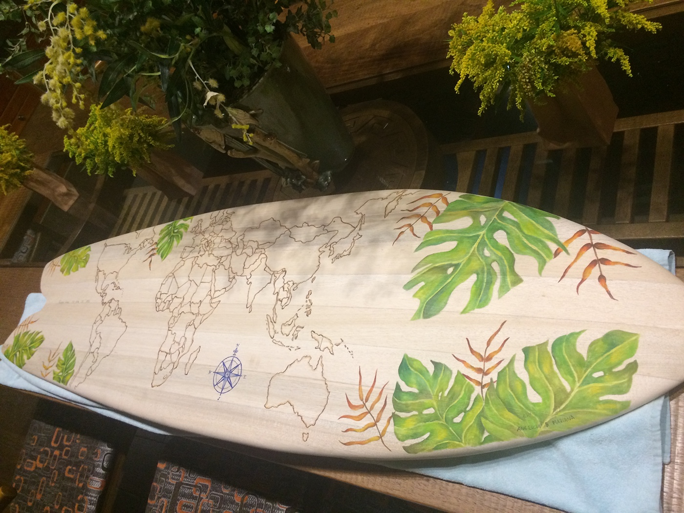 handmade acrylics wood Tropical vintage leaves map