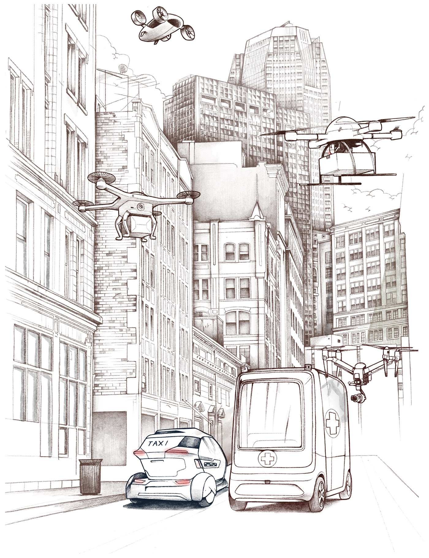 city drawing  cover dron magazine realistic vehicles watercolor