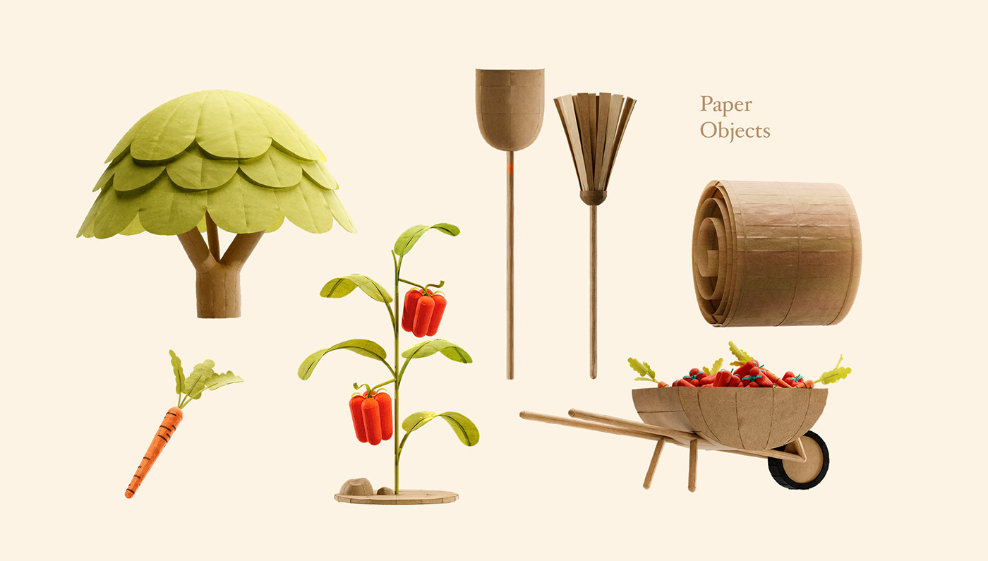 paper papercraft 3D Character design  Playful 2D Character digital illustration handmade farm
