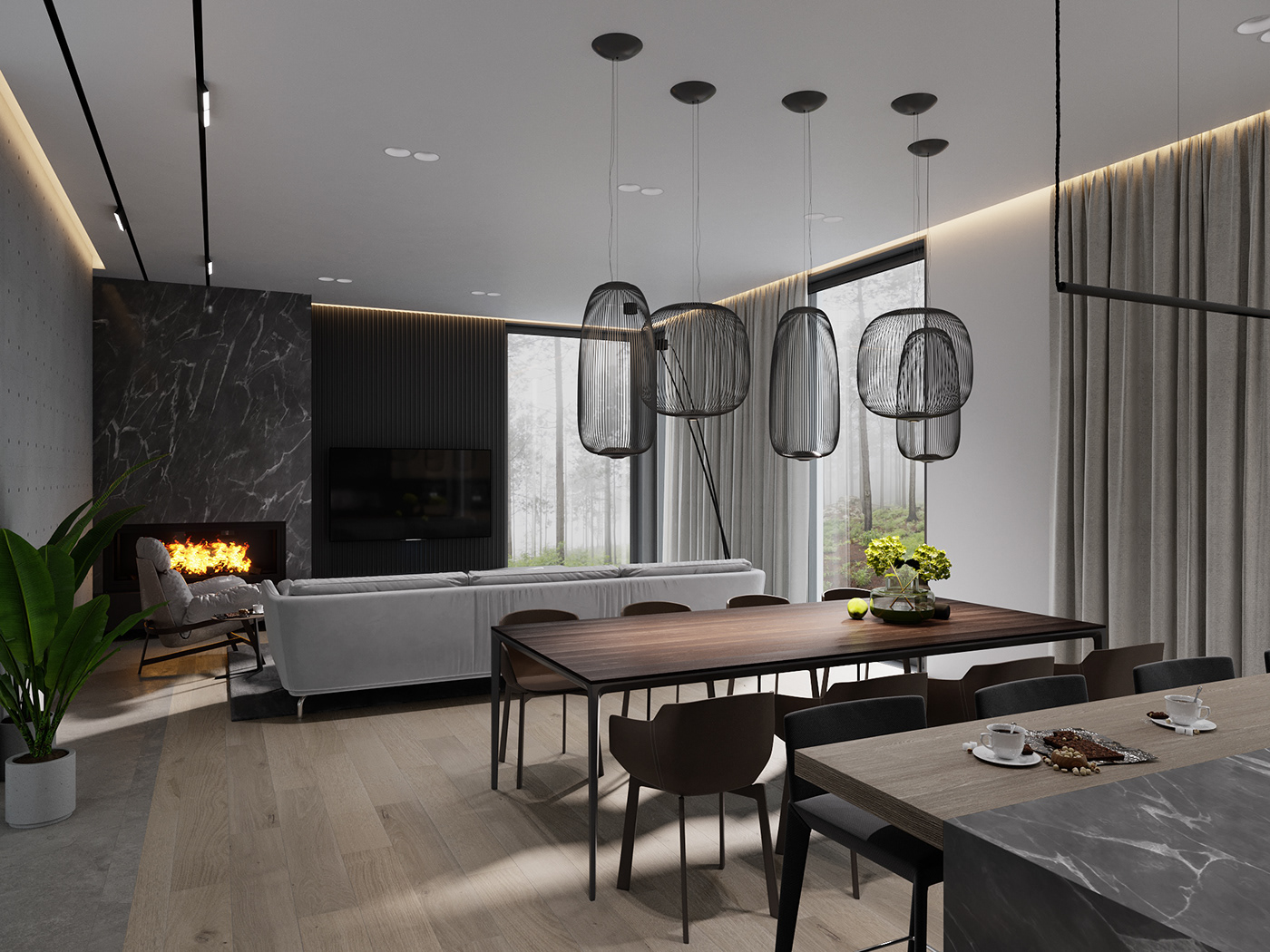 3dsmax concrete corona render  forest interior design  kitchen living minimalistic modern wood