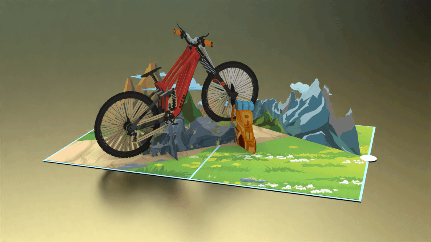 pop-up book graphic design  Bike popup card Illustrator Travel mountain bike gift card papercraft pop-up card