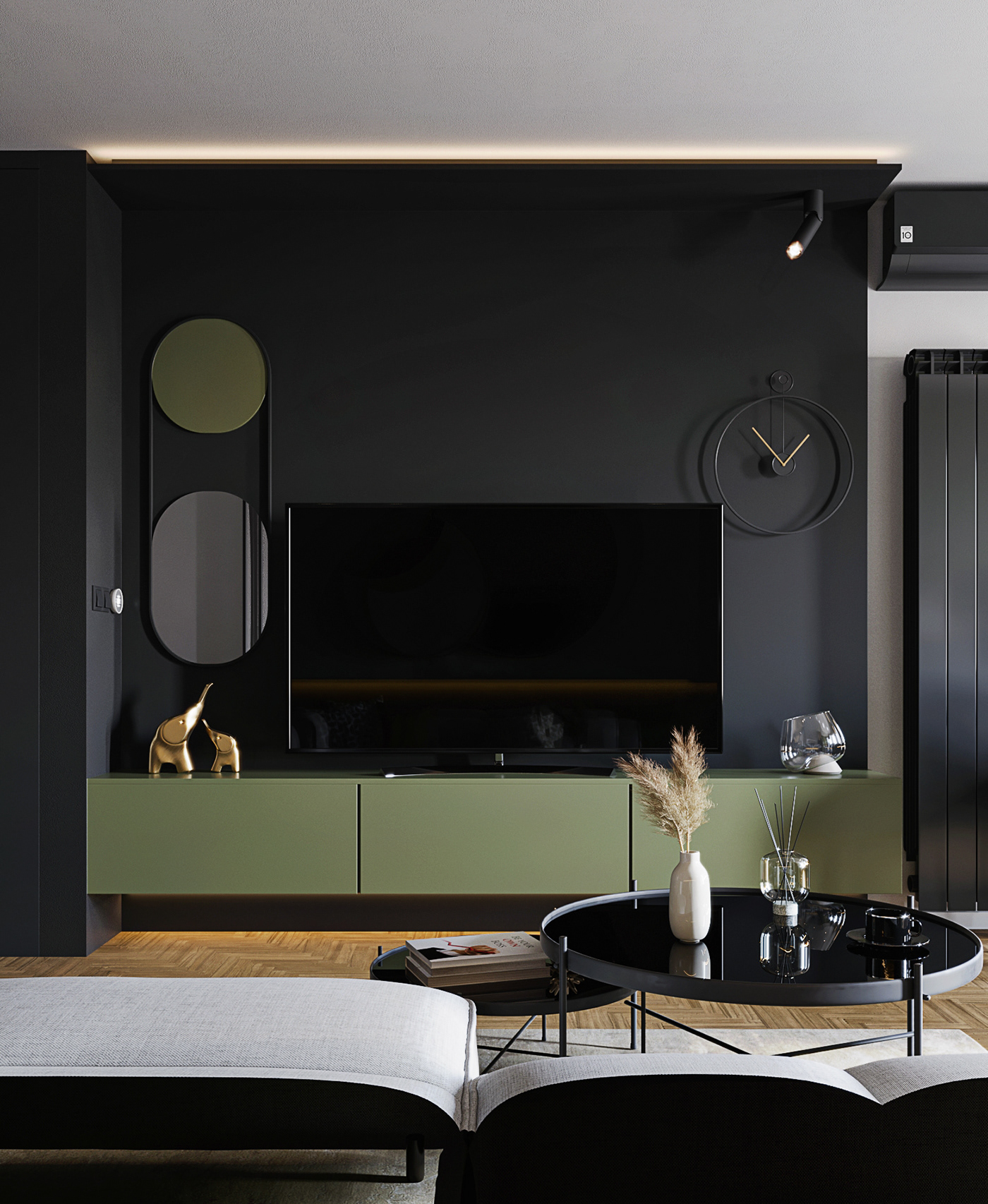3dsmax black corona dining green interiordesign kitchen living mirrors visualization