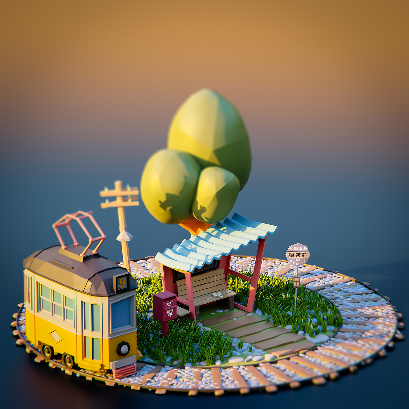 colorful Diorama ILLUSTRATION  Isometric japan Low Poly lowpoly Miniature stylized tram