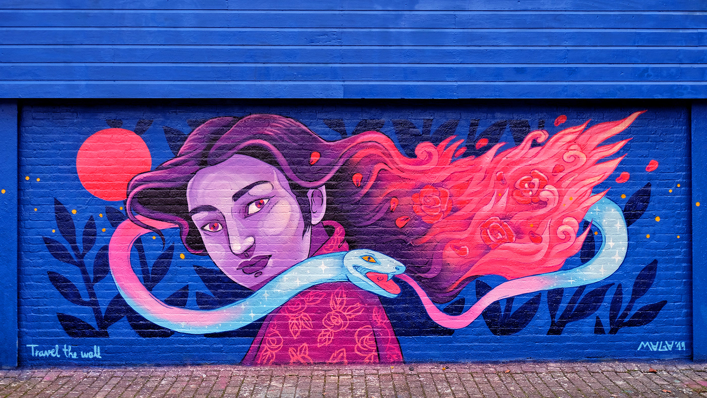 Character design rose fire Rotterdam netherland urban art snake woman moon