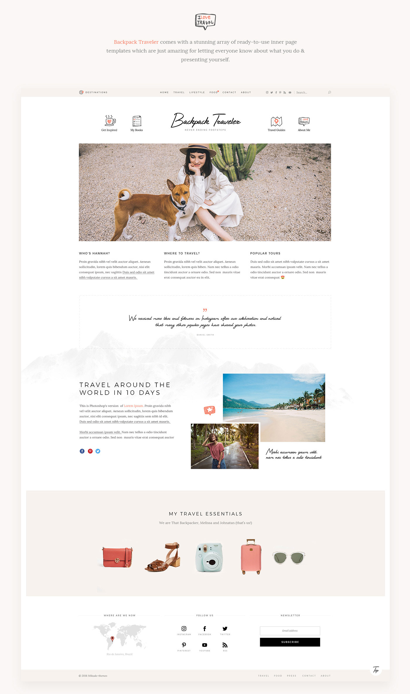 Travel blog wordpress theme landing Map With Destinations Lifestyle Bloggers social media influencers blog layouts