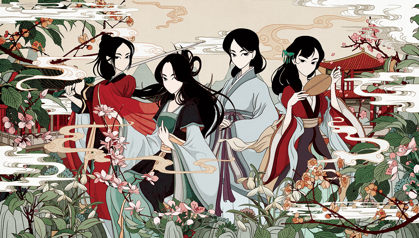 ILLUSTRATION  chinese pattern artwork Digital Art  Drawing  traditional culture plants girls