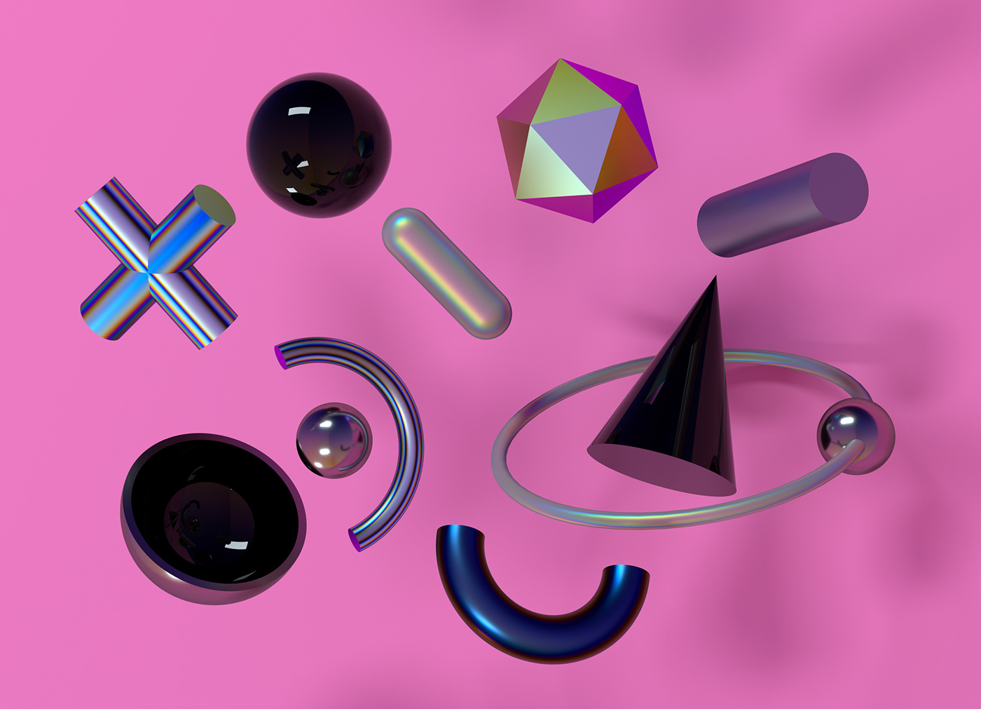 3D abstract cute glossy holographic Retro shapes vaporwave