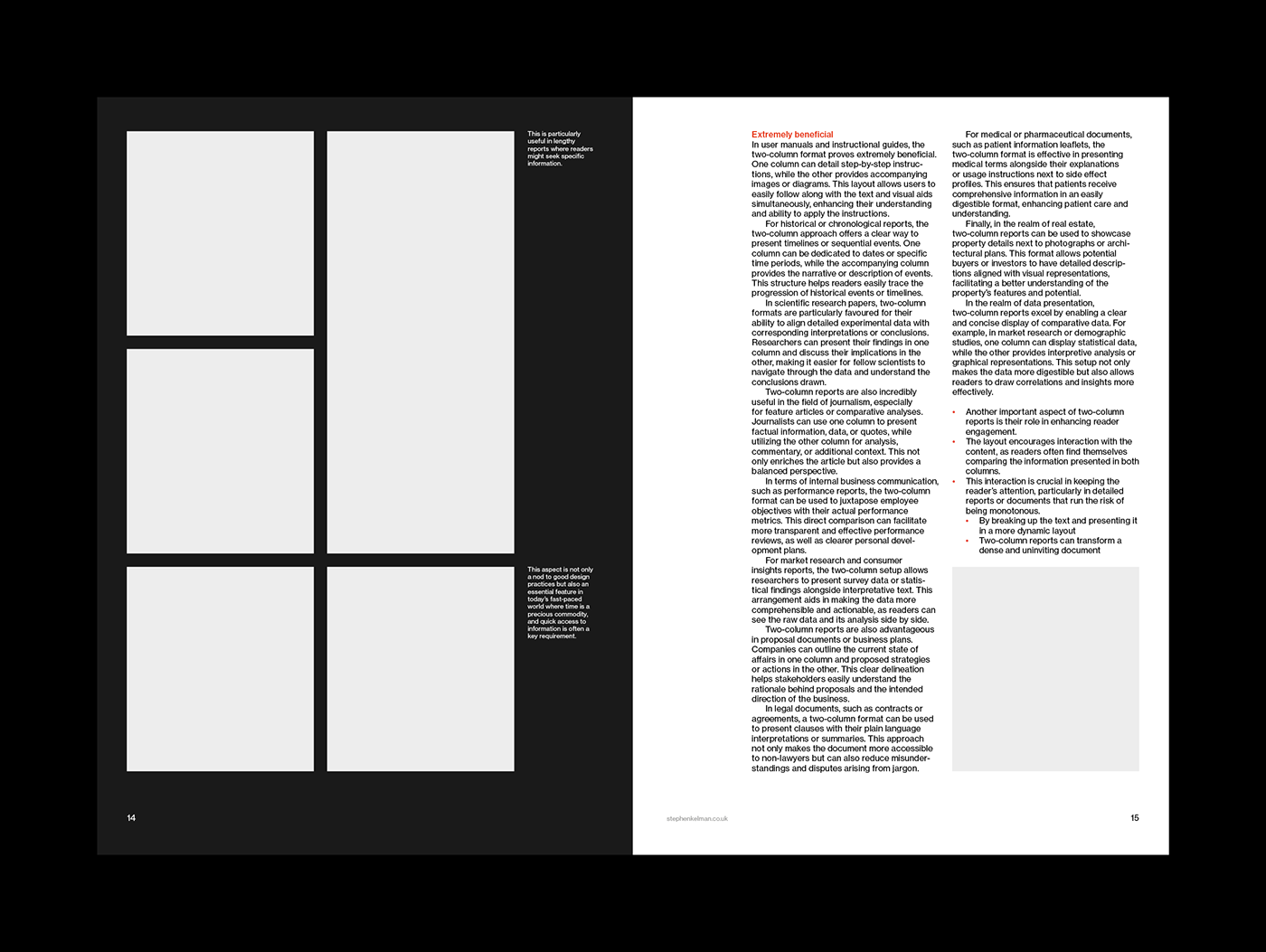 Layout spread design for a two column corporate report grid system template for Adobe InDesign
