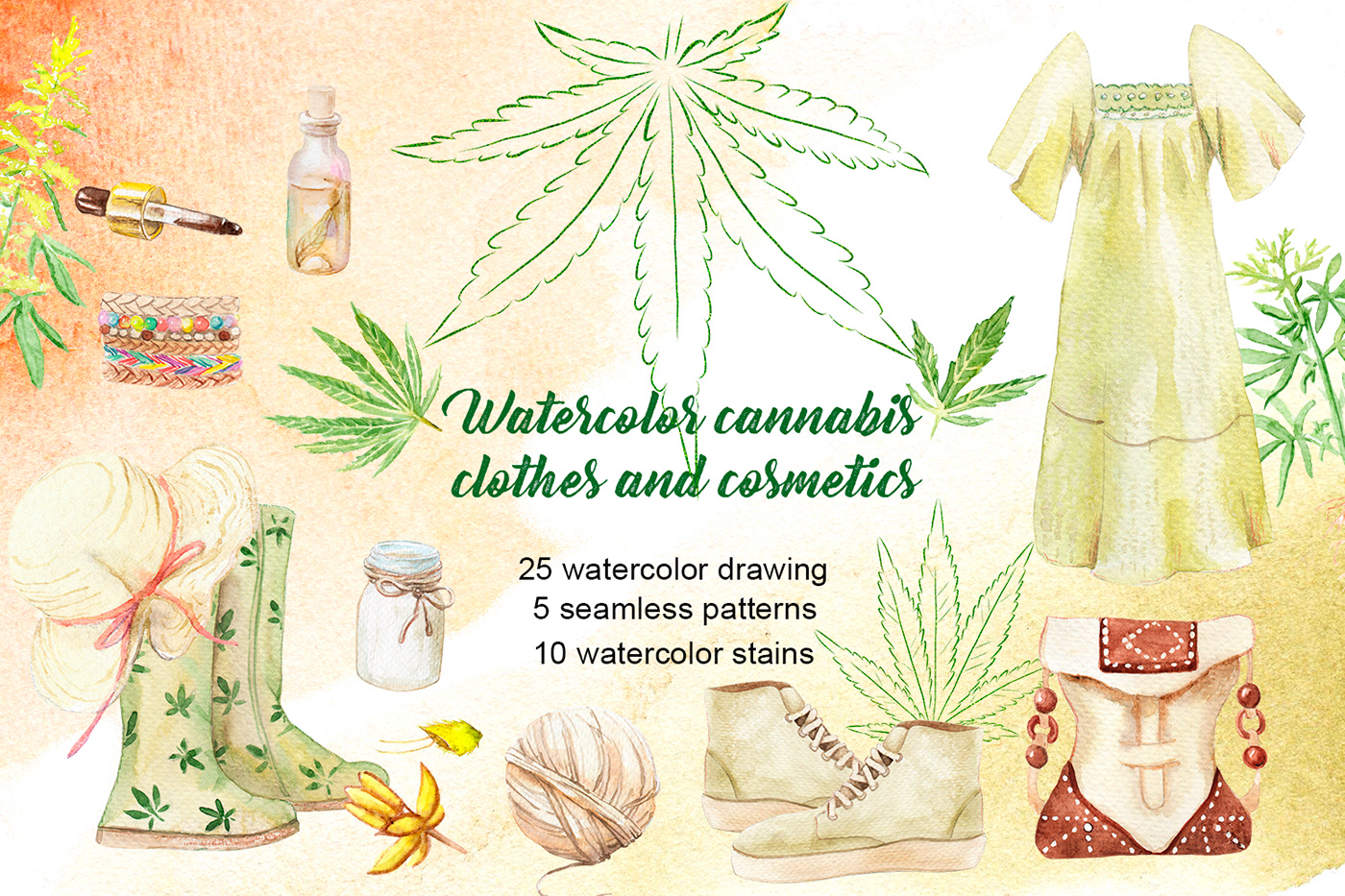 cannabis Contur Patterns scrapbooking seamless set stains watercolor