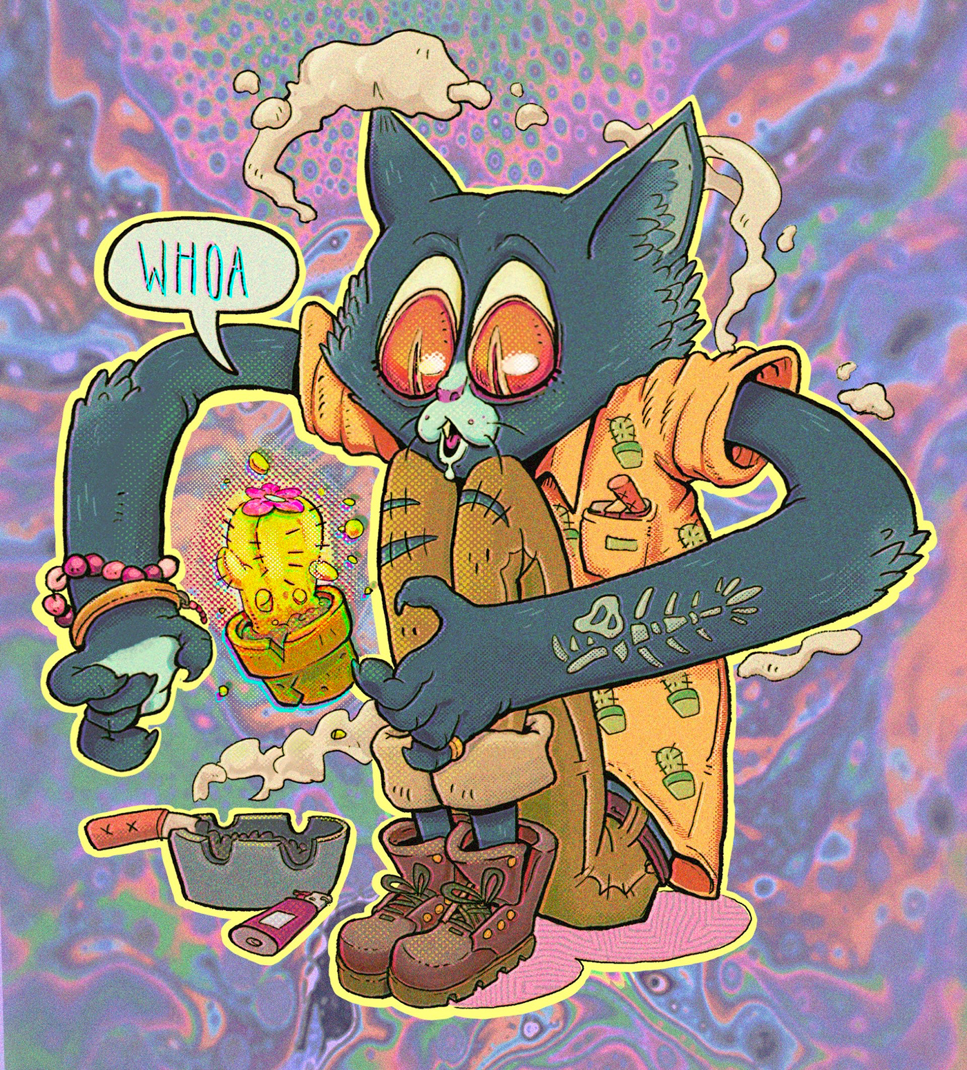 acid cactus cartoon Cat Character design  Procreate trip vibe