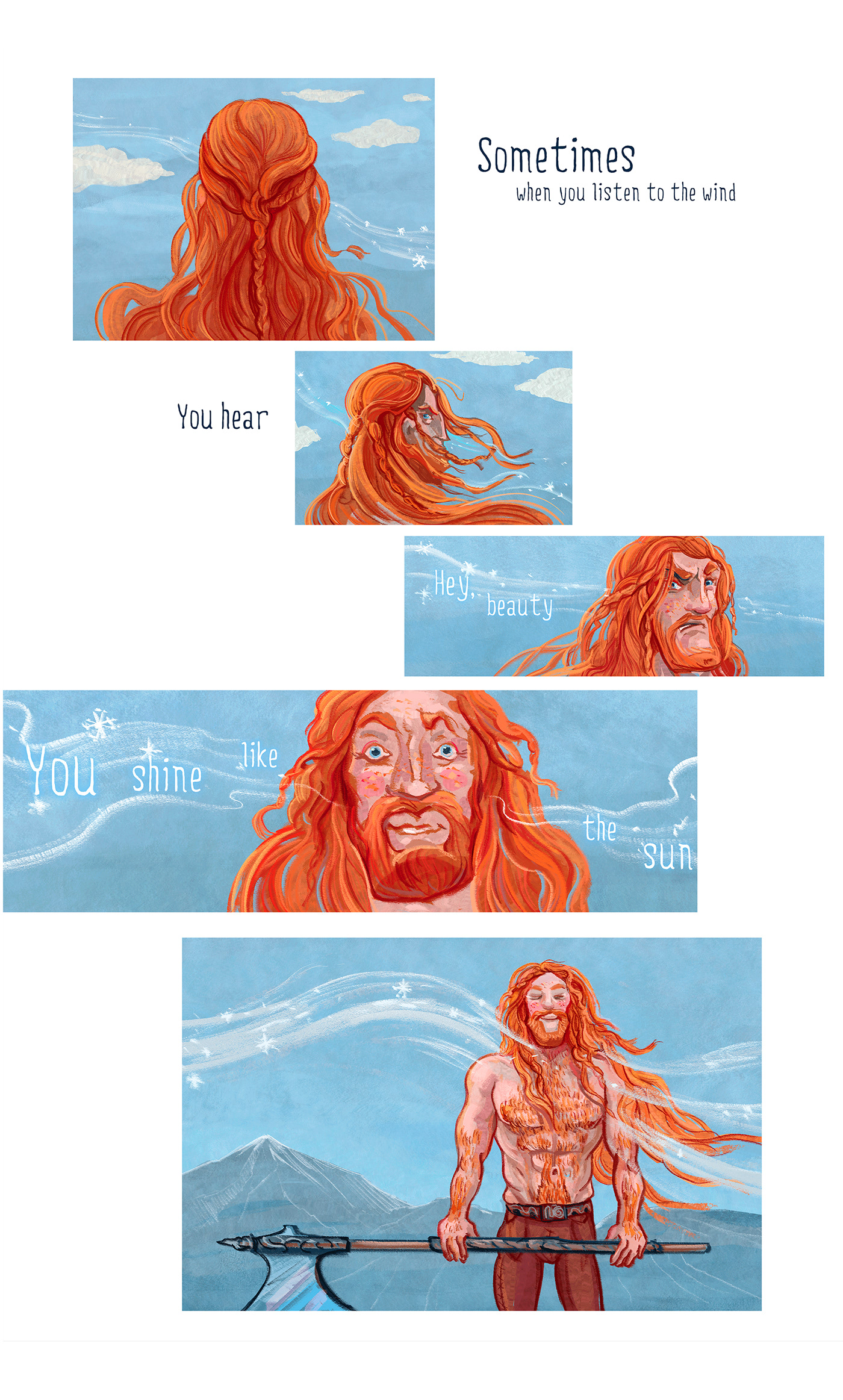 ILLUSTRATION  comic one-pager ginger red head beard pencil sketch colored pencil viking blue and orange