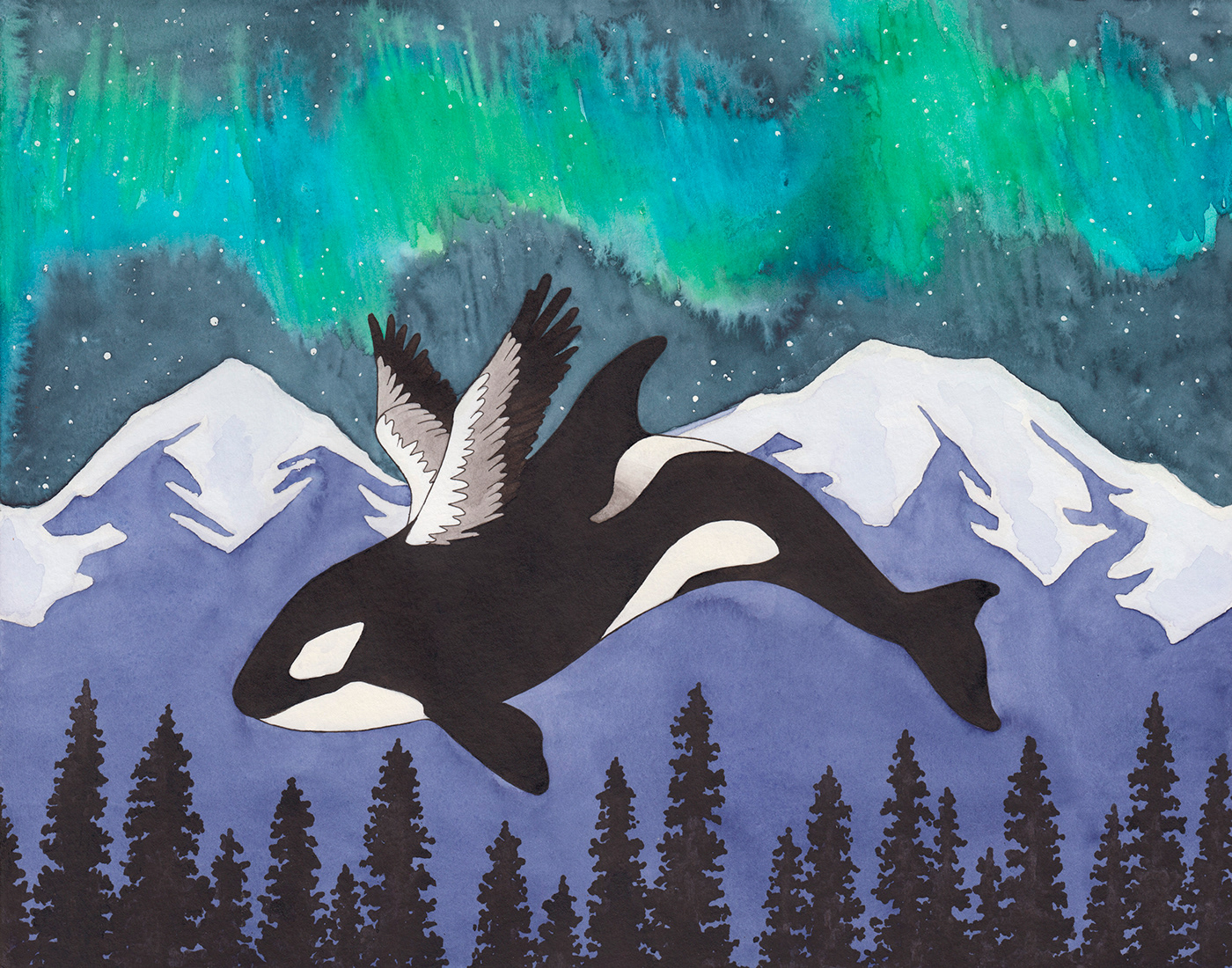 orca killer whale artic forest mountains wings fantasy