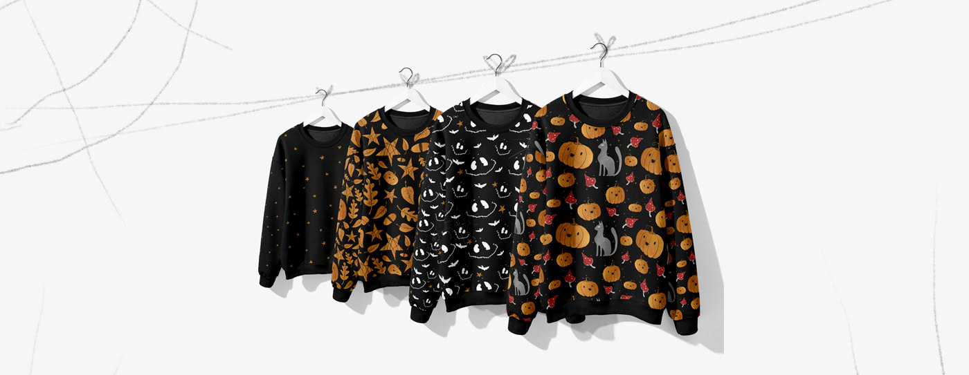 black design fabric design gold Halloween hoodie Packaging pattern Sweatshirt textile design 