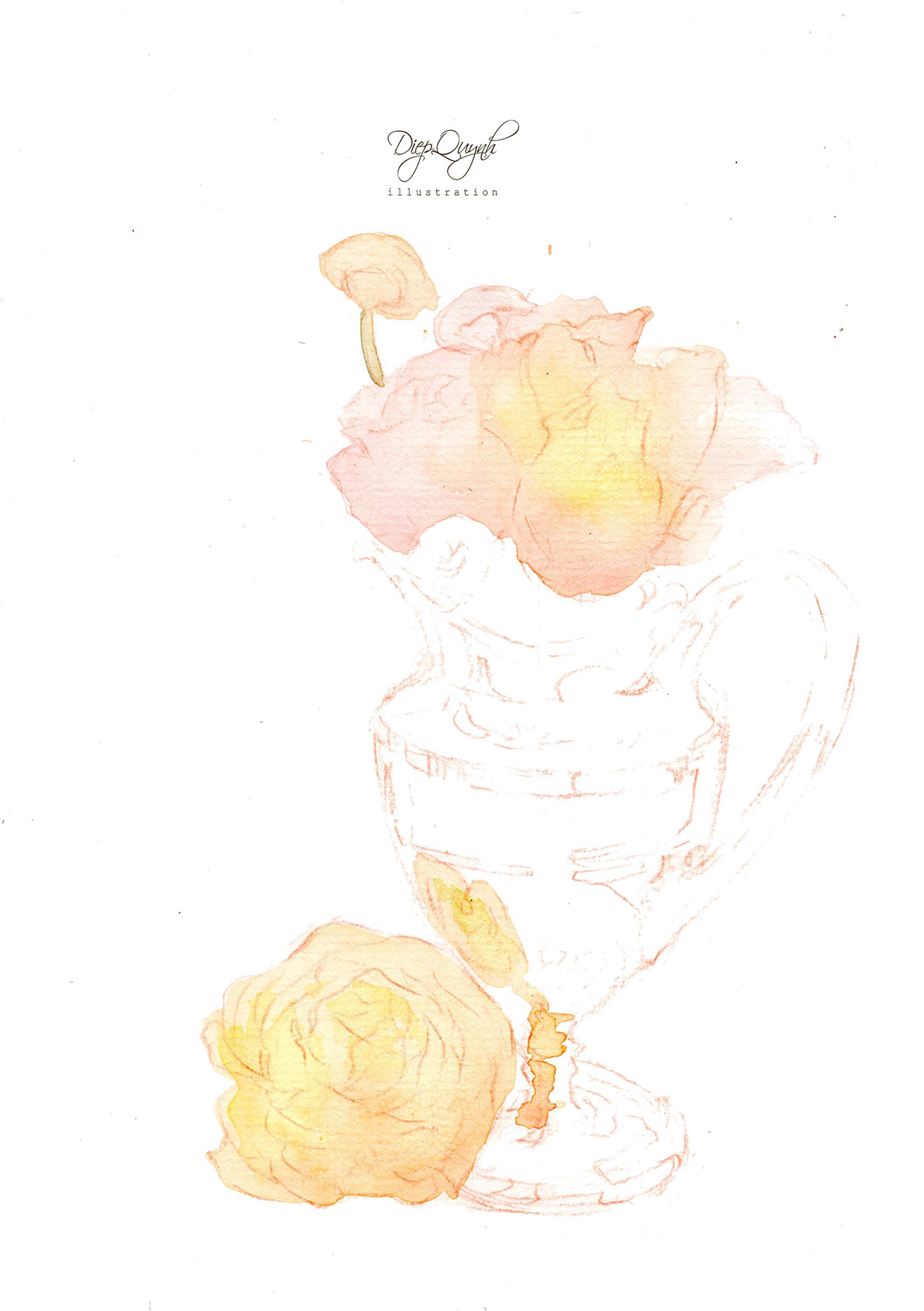 watercolor vintage antique Roses pitcher