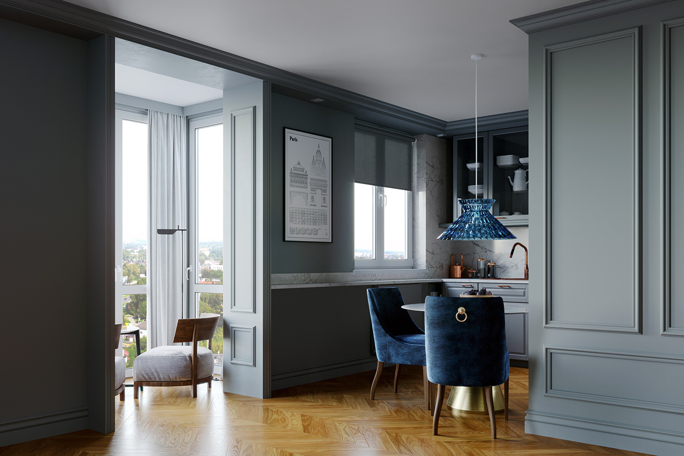 apartment CGI Classical corona dark glamour gray Interior kitchen room