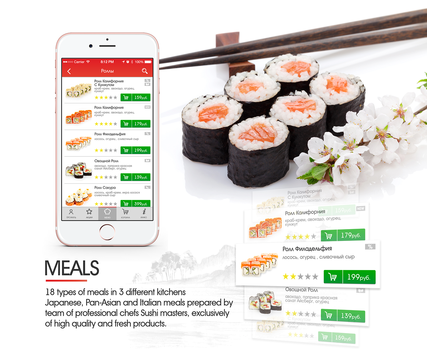 Sushi rolls japan panasian italian Pizza delivery app