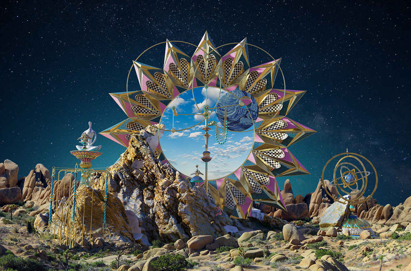 Sun surreal fantasy gold night Day Fashion  whimsical CGI 3D