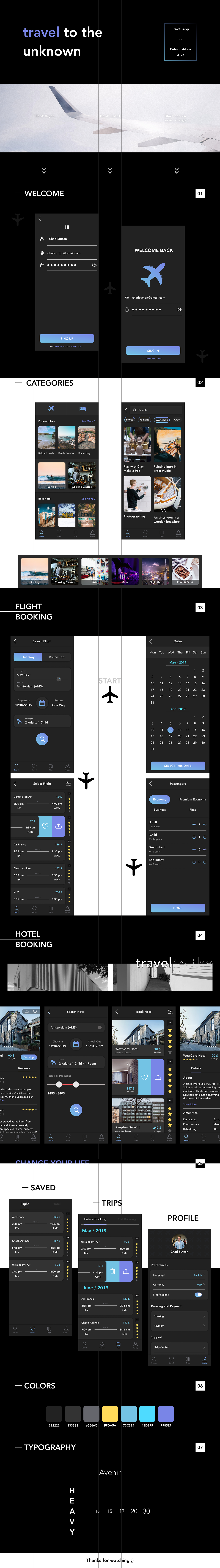 Travel UI ux Mobile app black flight discover Fun application design