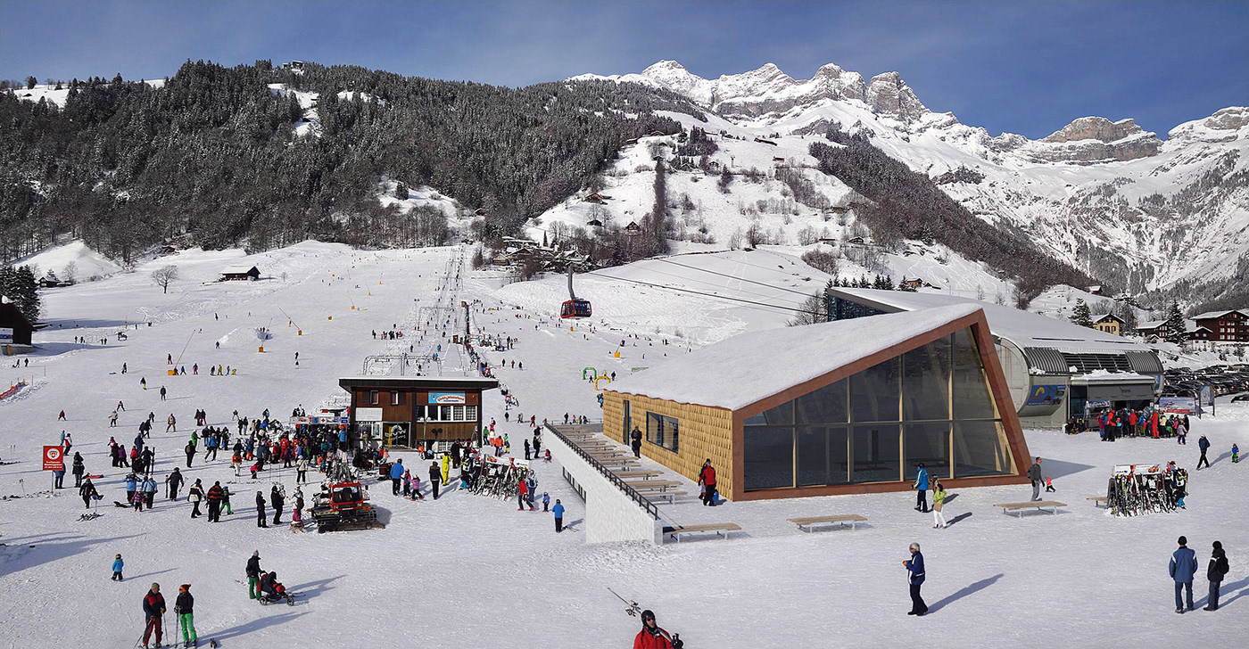 CGI 3D Render winter mountain Ski snowboard restaurant White CG