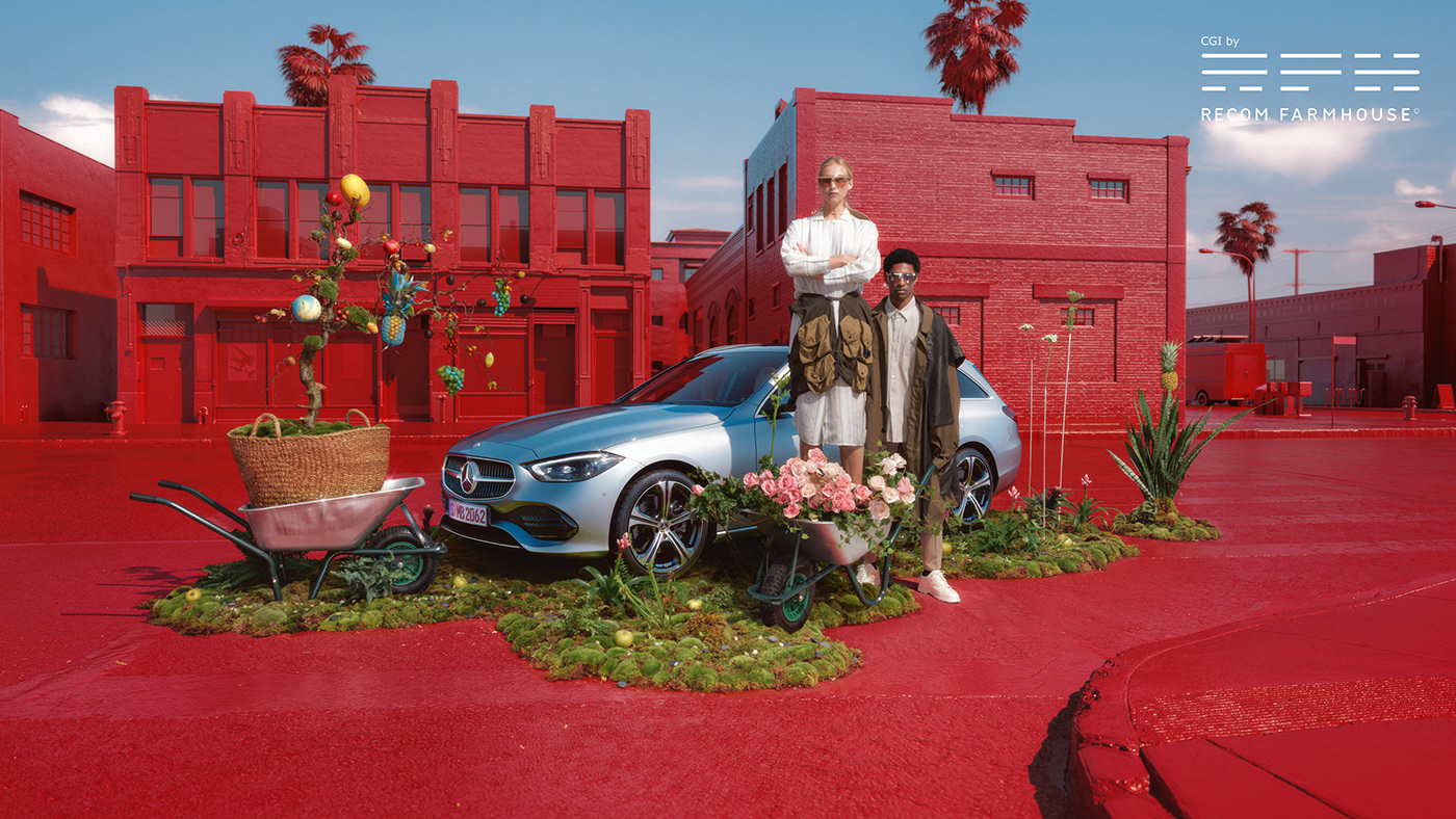 automotive   campaign car CGI city red set design  staged surreal White