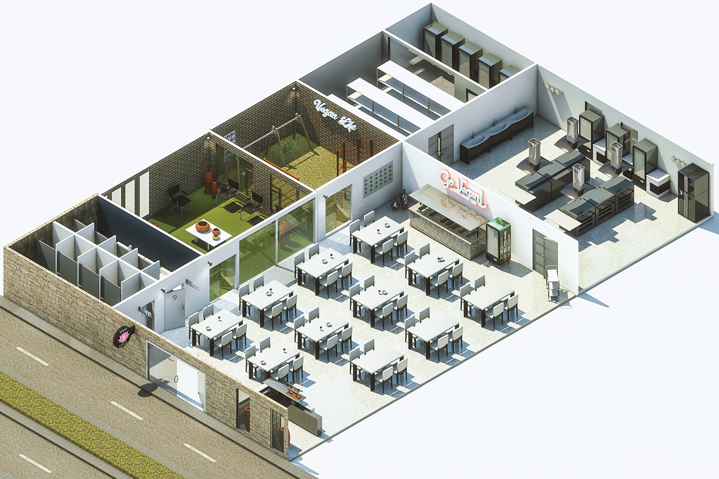 3D Low Poly Isometric vegan restaurant Interior furniture