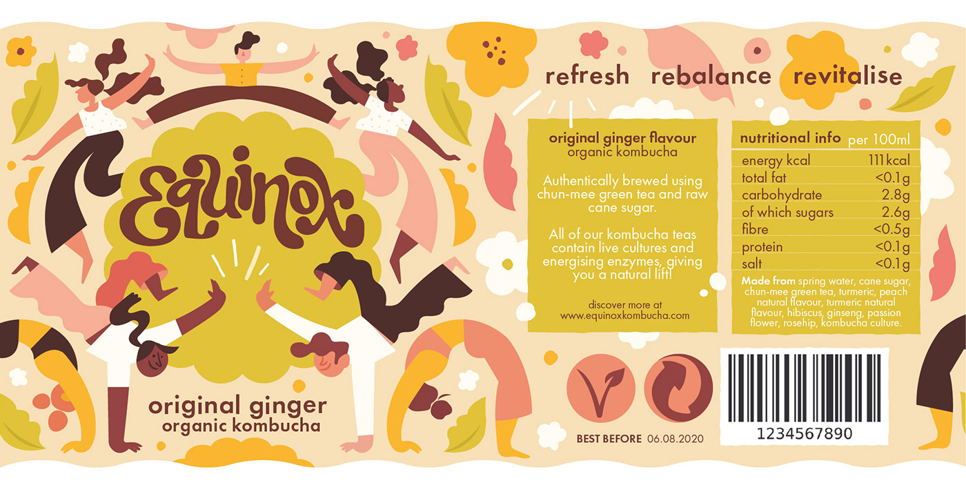 Equinox illustrated packaging juice kombucha label design packaging design retro inspired