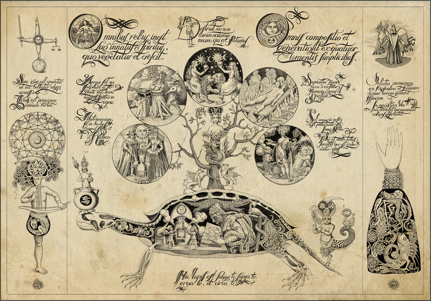 alchemy alchemyst Turtle emblemata medieval incunabula elements androgyne bafomet Tree  occult creatures Sun moon