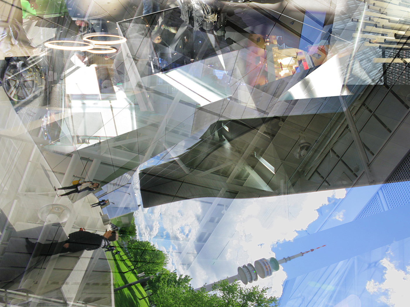 vertical collage multiexposition experimental distortion munich BMW Park glass motion