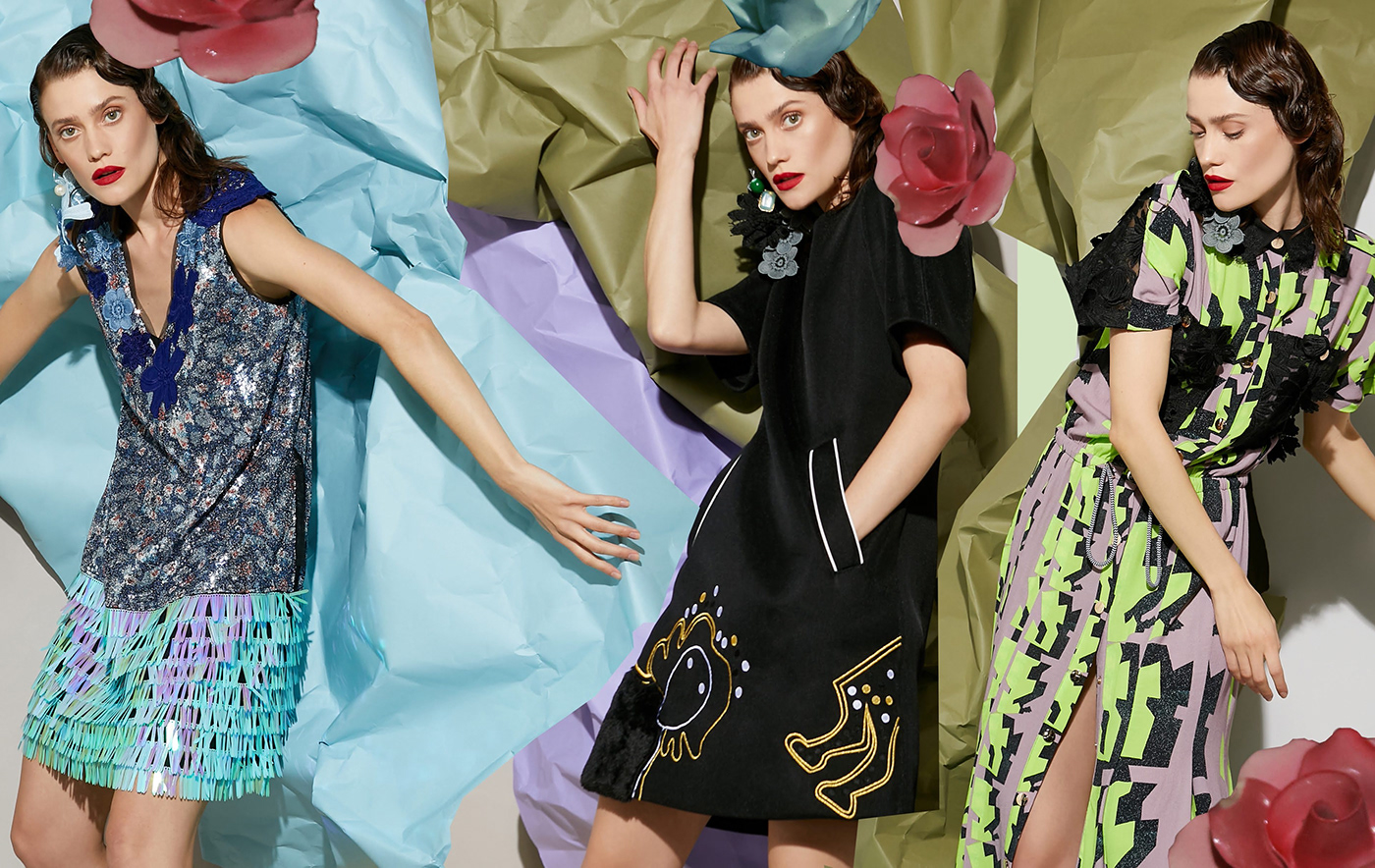 Fashion  print Textiles floral Digital Art  sequins dress woman photoshoot fashiondesign