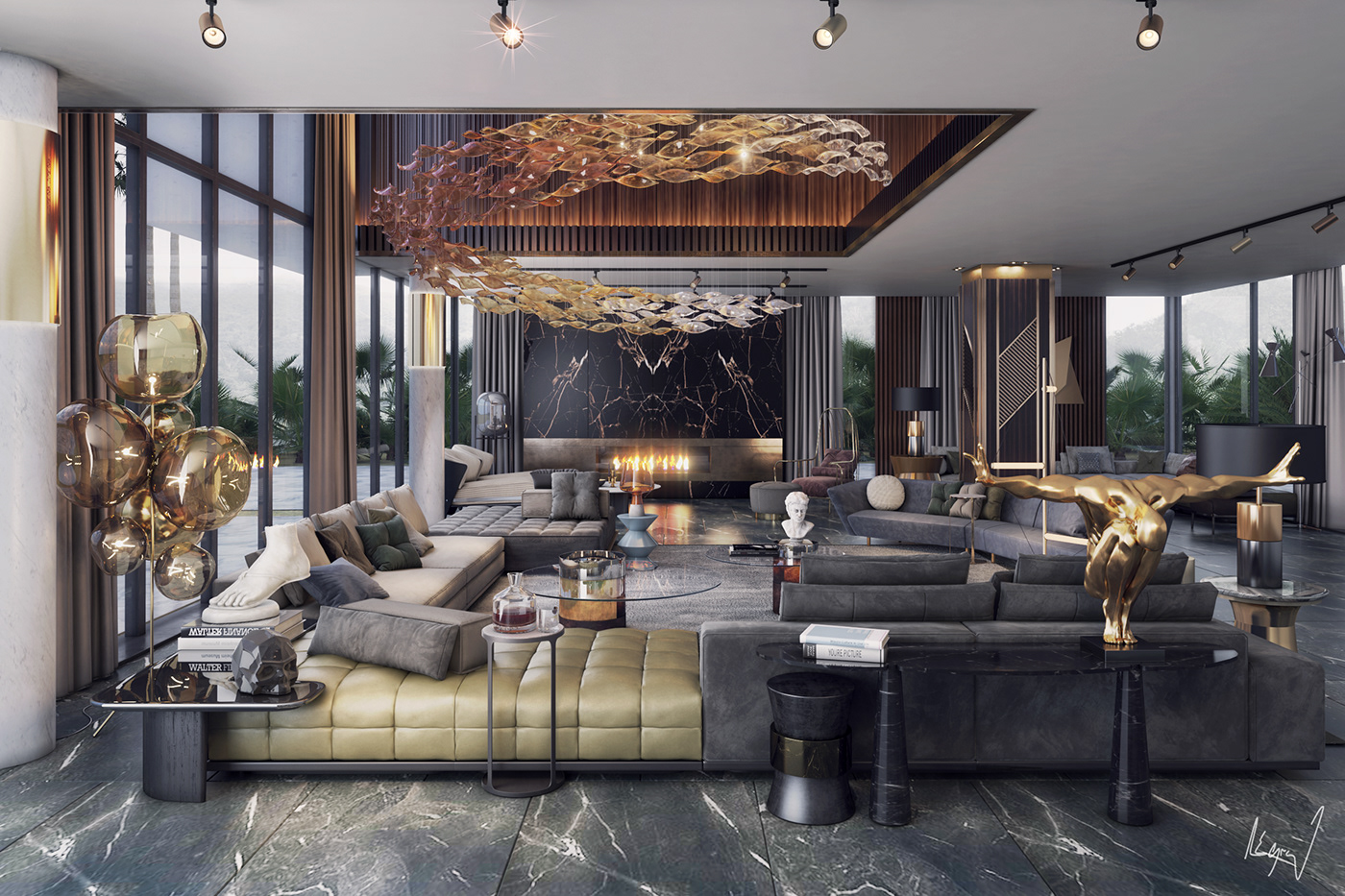 3D Visualization dazzling interior design  living room luxury rendering
