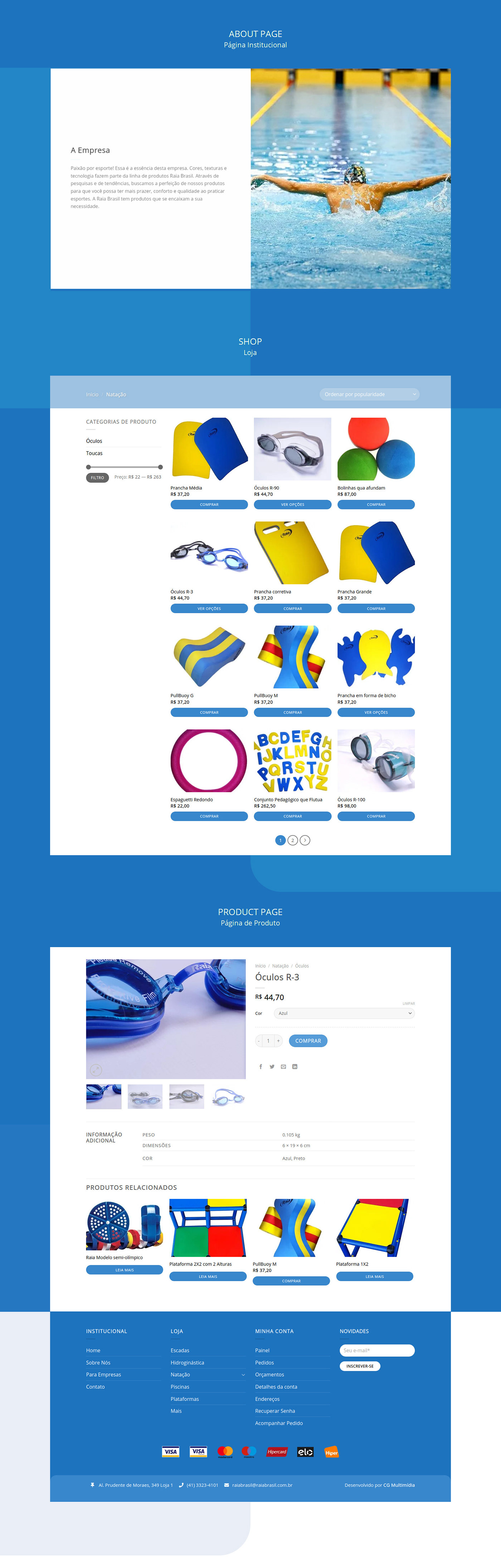 Raia Brasil website internal pages with flat monochromatic blue design.