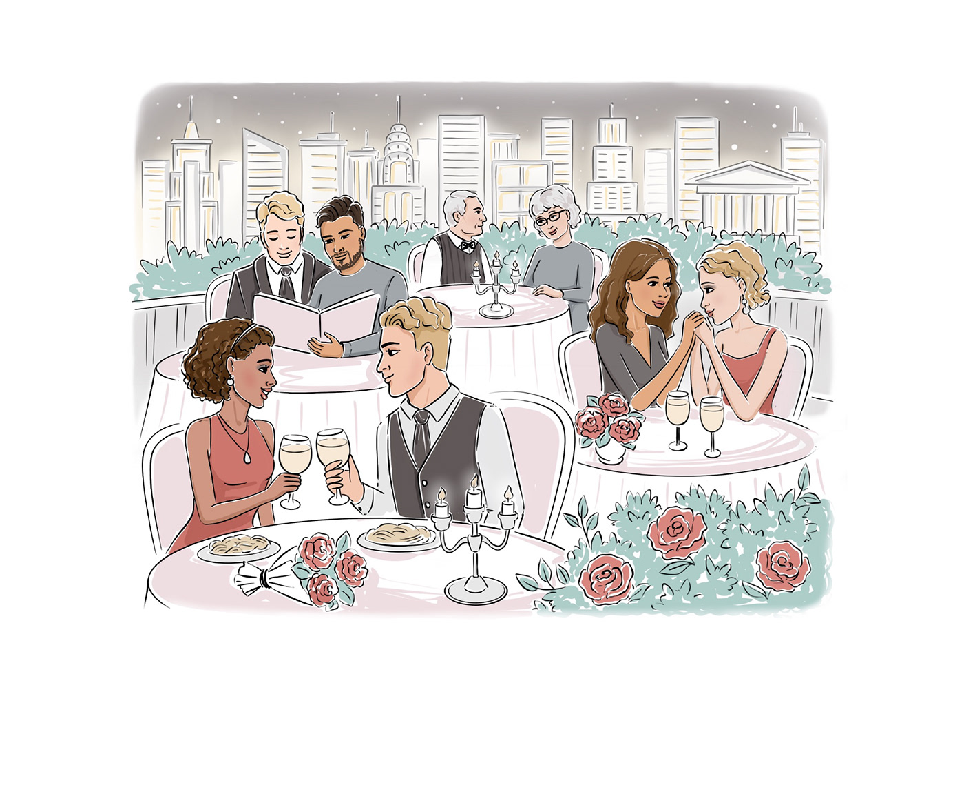 valentines day illustration for the real estage agency. Diverse couples in the restaurant