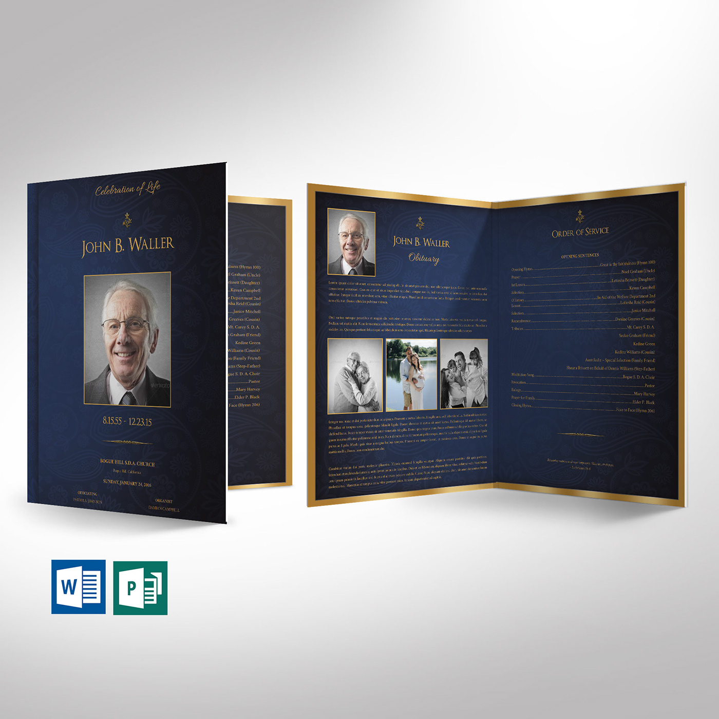 blue gold funeral program template eulogy booklet obituary sample memorial brochure bi-fold brochure leaflet paisley pattern