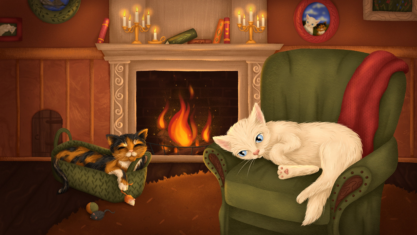 Illustration from the children's book about cats, sleeping cats, cozy atmosphere