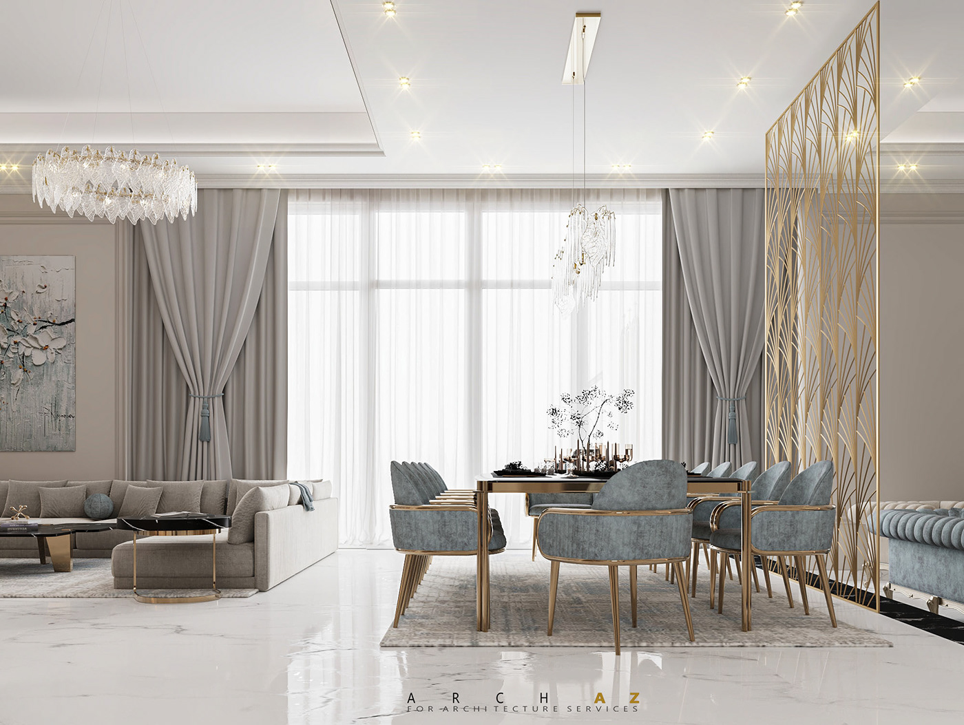 reception dining kitchen interior design  architecture visualization neoclassic luxury Villa classic interior design
