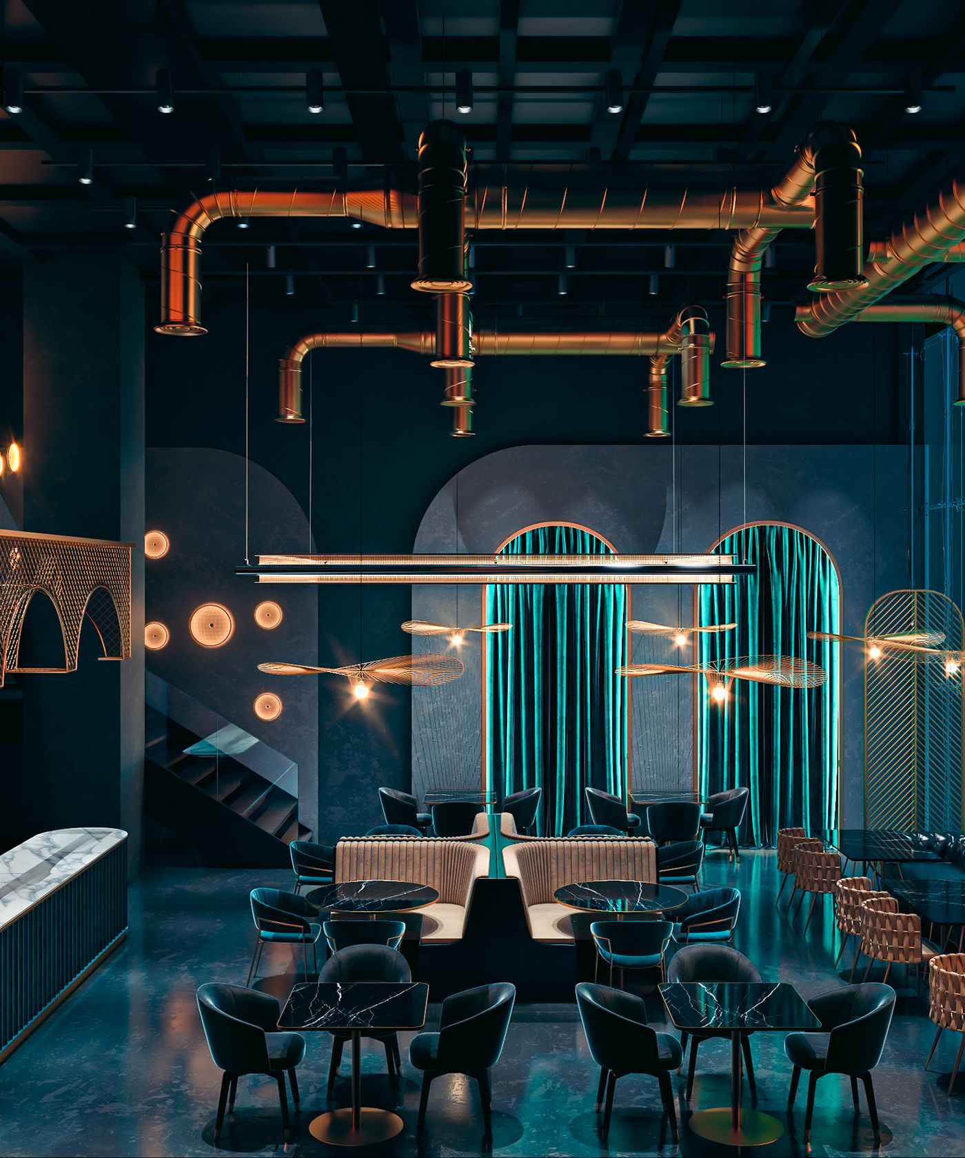 architecture bar cafe design interiordesign lighting modern restaurant visualization interior design 