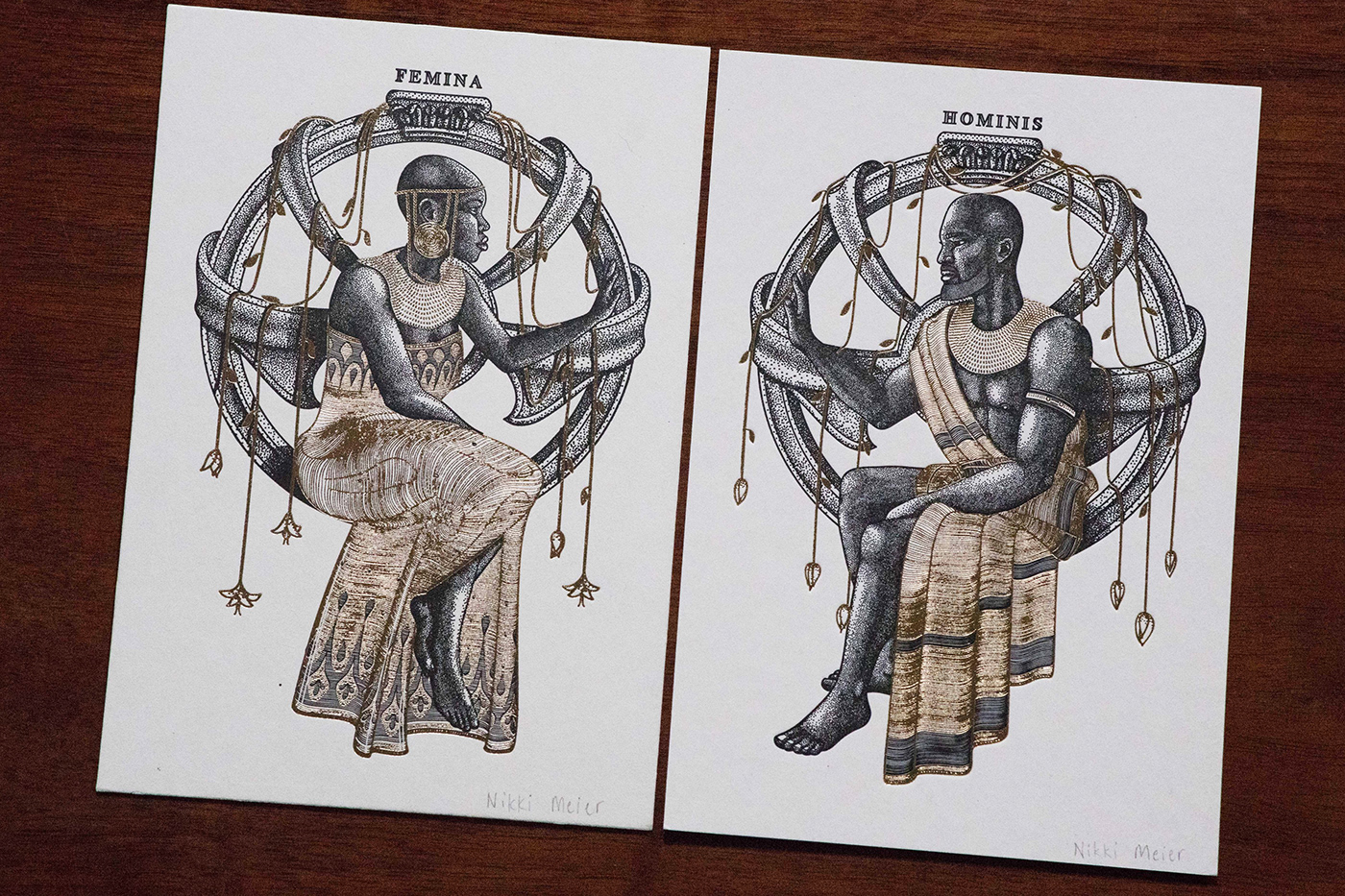 Pointillism stippling gold foil Adam & Ev african Victorian Ex Libris fantasy art print south african artist