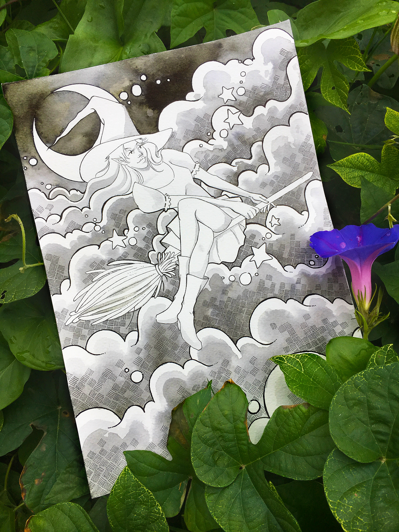 witch stars moon clouds ink inktober inktober2017 flower plants green