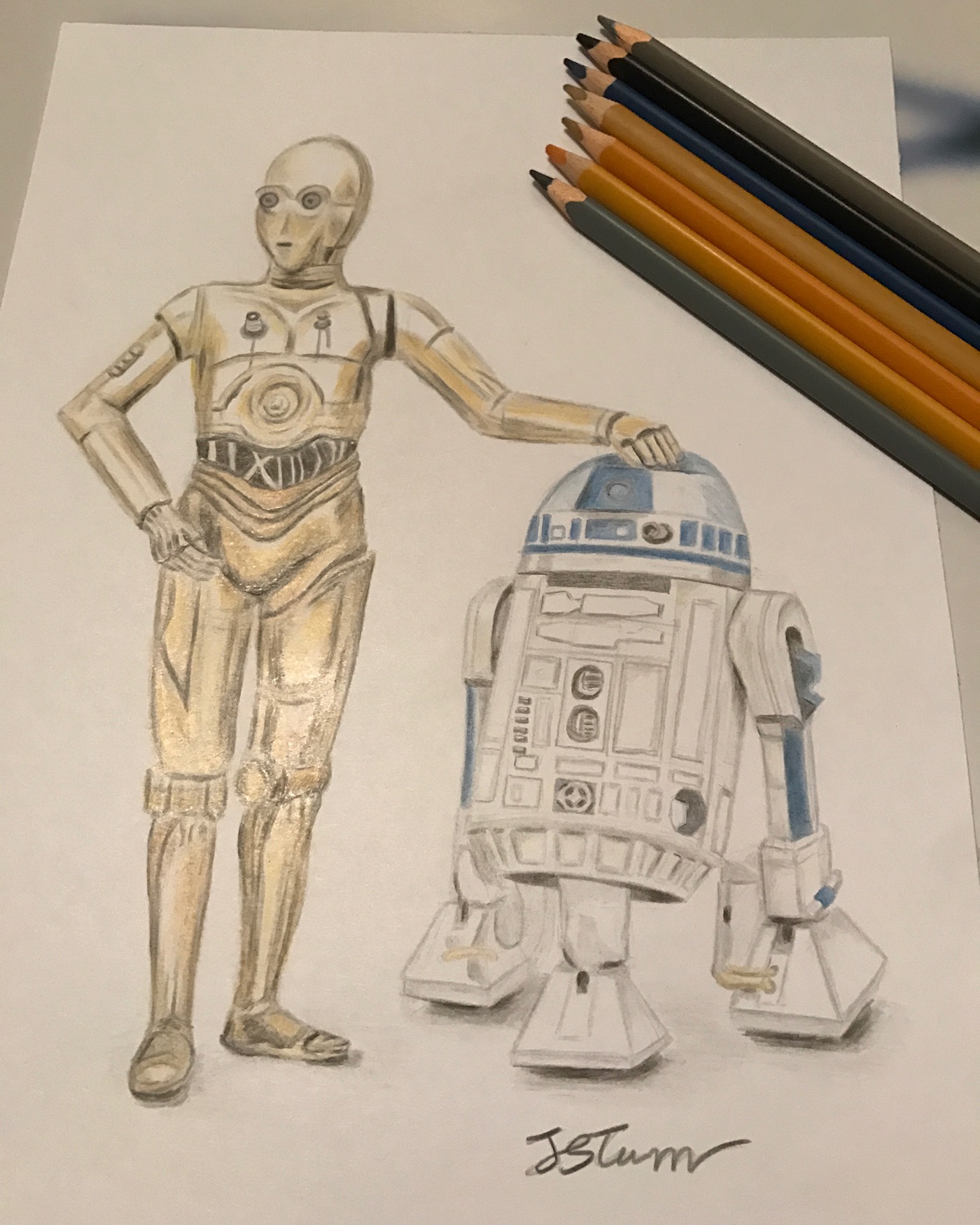 star wars coloured pencil Drawing  yoda R2D2 Pencil drawing C3PO characters hand drawn darth vader pastel