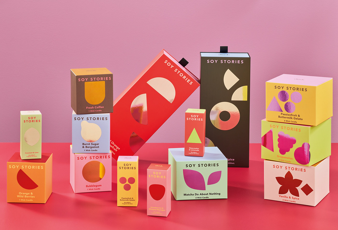 colourful geometric packaging design for candles and wellness products