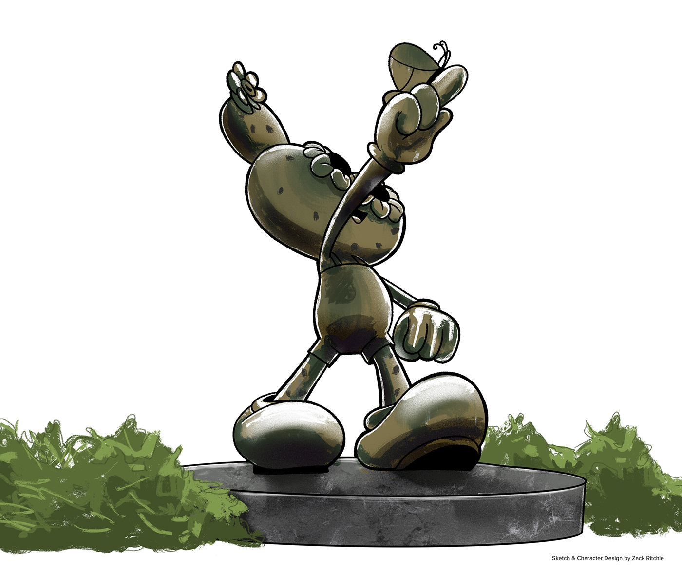A artistic sketch from a bottom view of the 5m bronze cartoon character monument.
