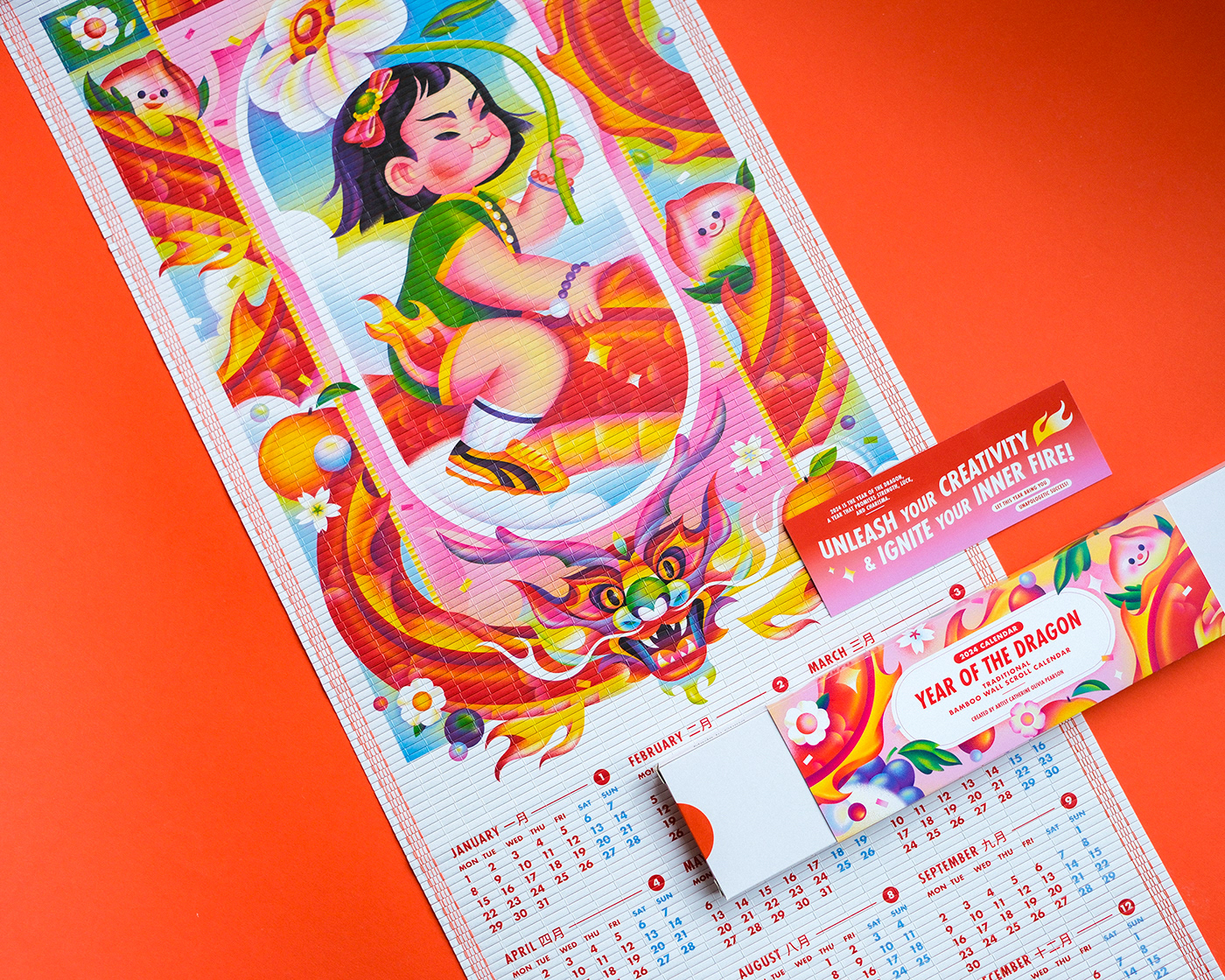 A fun and modern take on the traditional wall scroll calendar for 2024's Year of the Dragon