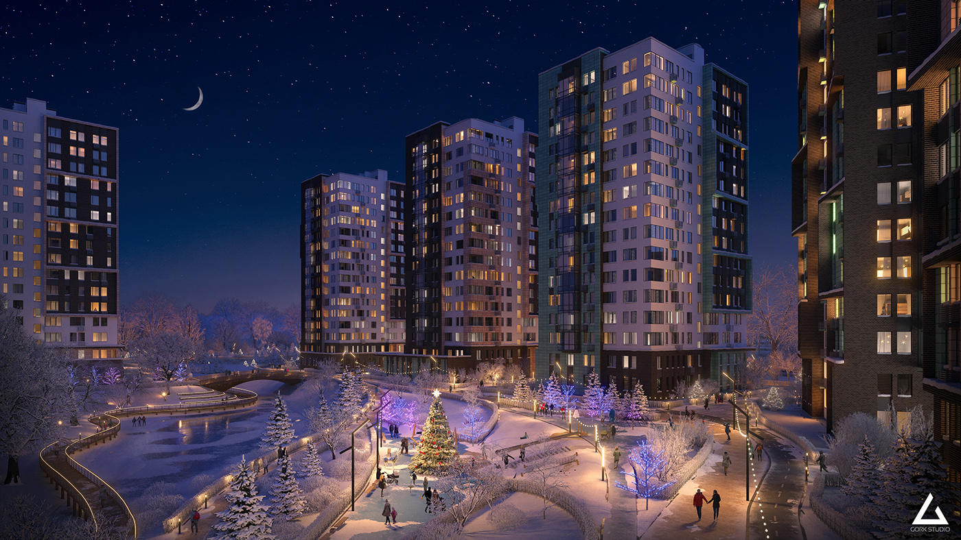 3D exterior winter snow visualisation Gorkstudio night Christmas holidays new year