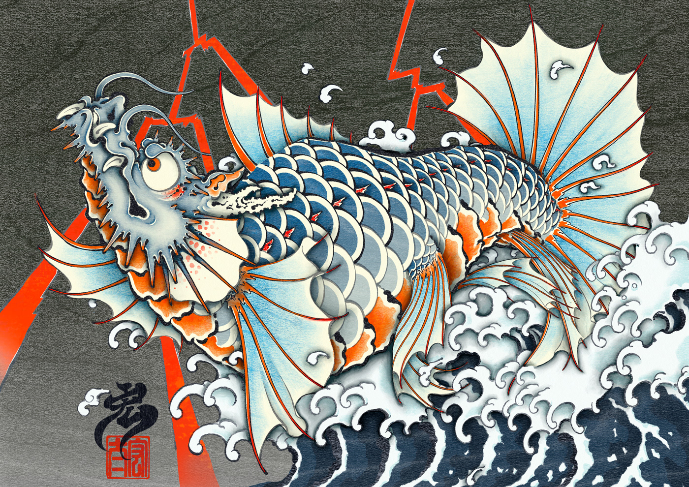 dragon,ukiyo-e,ukiyoe,japan,traditional,ink,portfolio,demon,fish,Kirin,Proc...