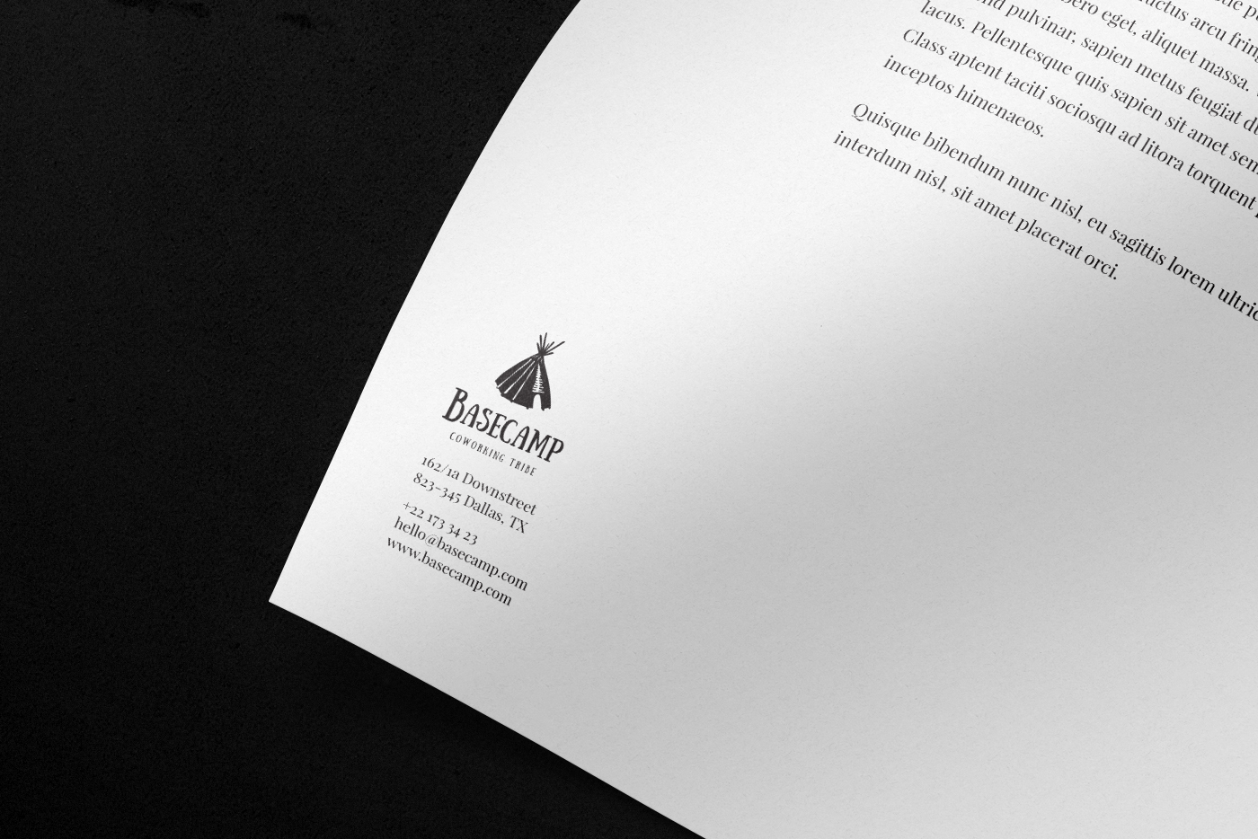 mobby dick basecamp logo Tipi indian native american coworking tribe identity stationary business card letterhead Website black & white