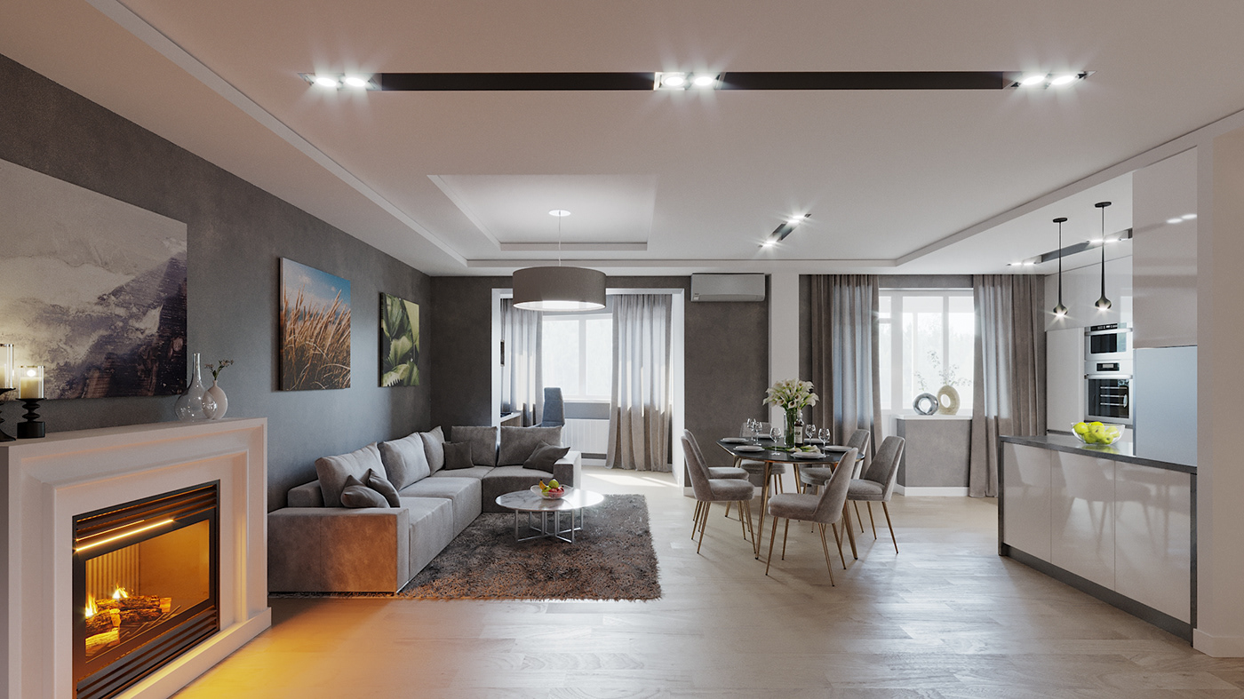 studio design 3D Render architecture living room kitchen apartment visualization Project