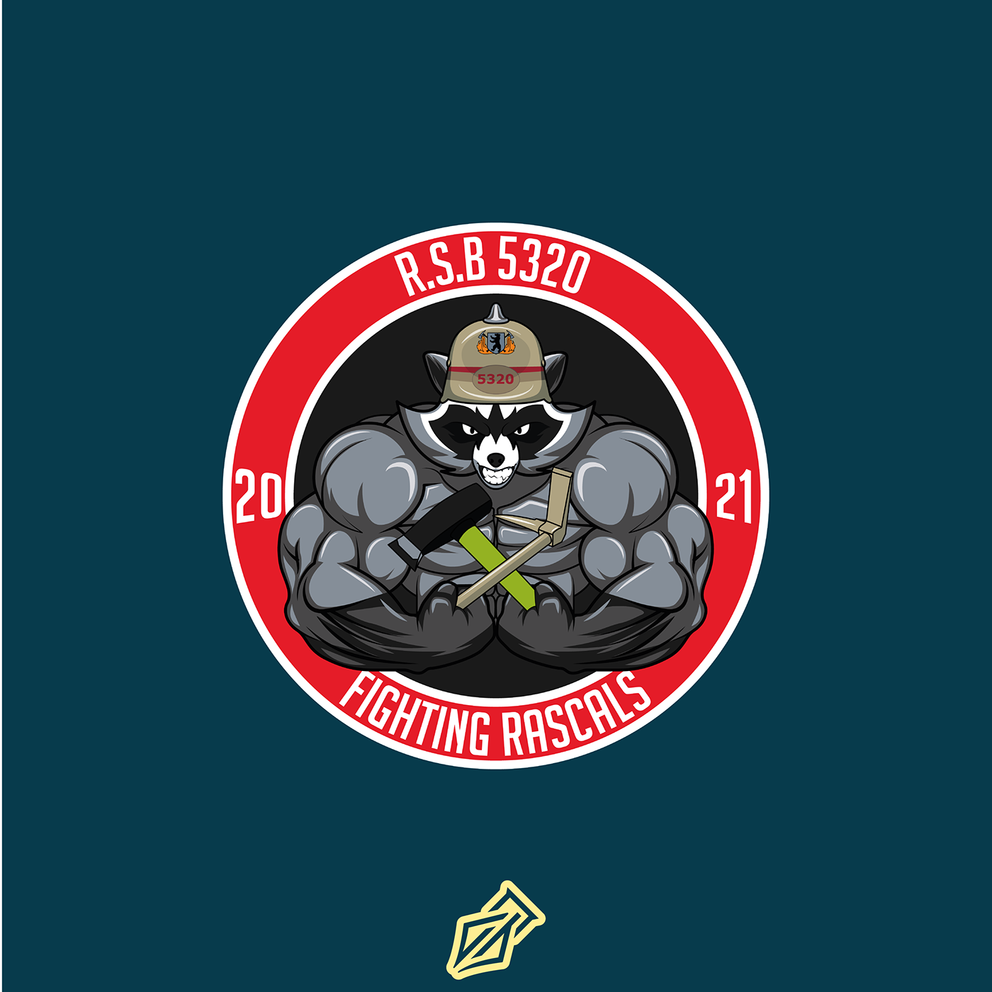 berlin cartoon Character Firefighter Logo Design racoon vector