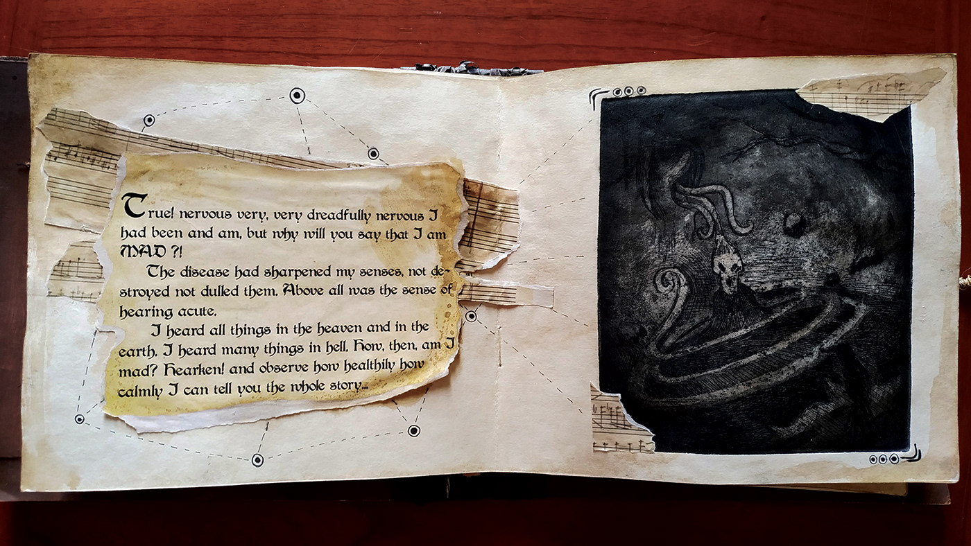 ILLUSTRATION  book illustration handmade book zink printing Printing collage ink Edgar Allan Poe the tell tale heart