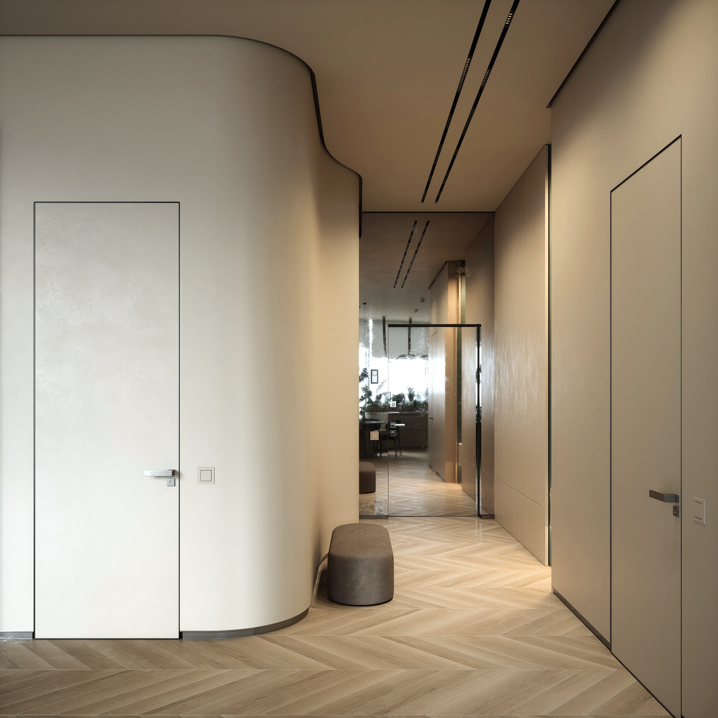 modern FStorm wood curved lines panorama beige interior architecture archviz Render light wood
